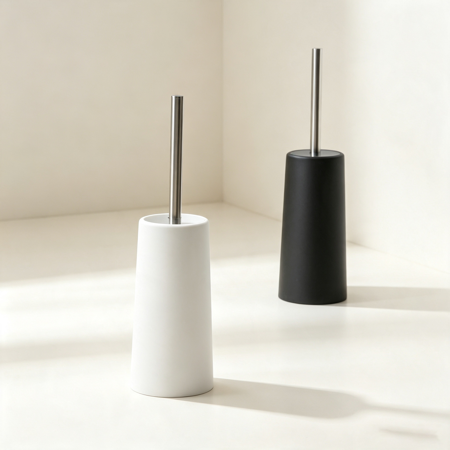 Minimalist Stainless Steel Long-handled Toilet Brush Set (with Base, No-dead-angle Cleaning)
