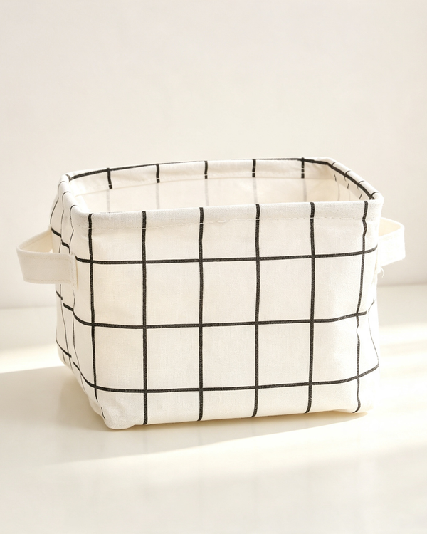Cotton-Linen Fabric Square Storage Basket (Foldable Waterproof Handheld Desktop Organizer)