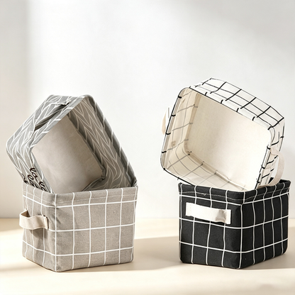 Cotton-Linen Fabric Square Storage Basket (Foldable Waterproof Handheld Desktop Organizer)