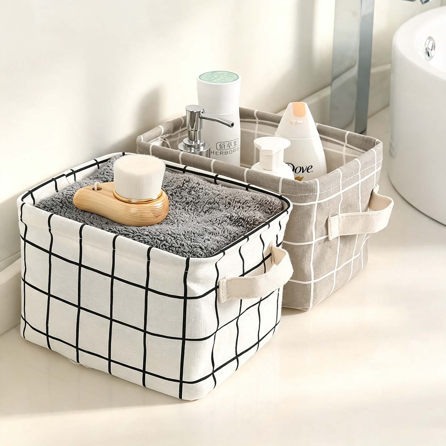Cotton-Linen Fabric Square Storage Basket (Foldable Waterproof Handheld Desktop Organizer)