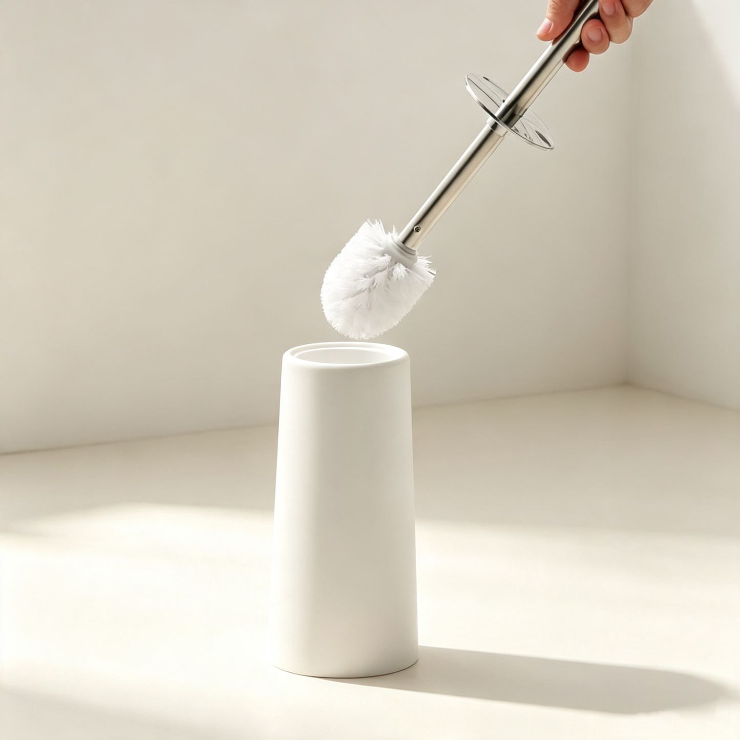 Minimalist Stainless Steel Long-handled Toilet Brush Set (with Base, No-dead-angle Cleaning)