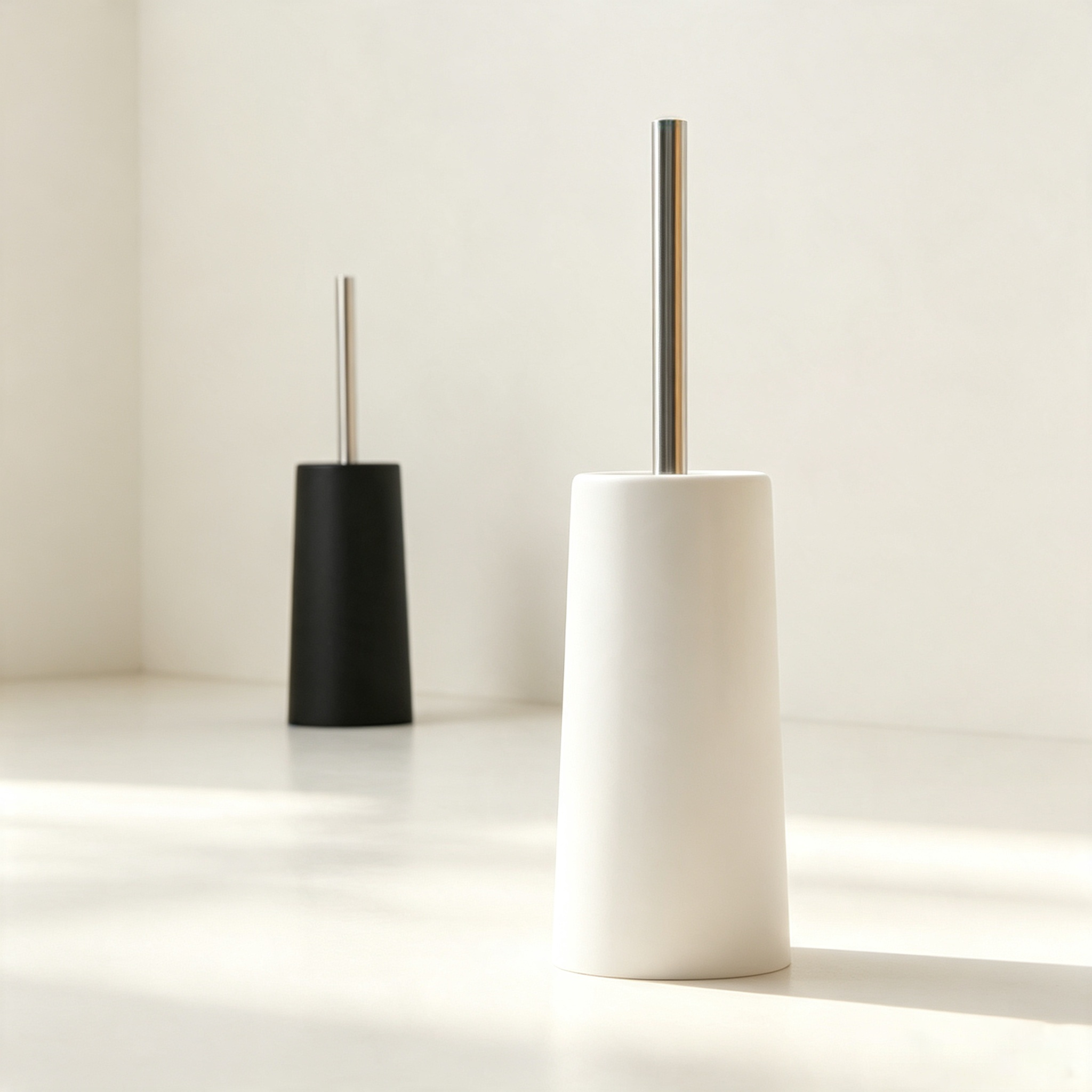 Minimalist Stainless Steel Long-handled Toilet Brush Set (with Base, No-dead-angle Cleaning)