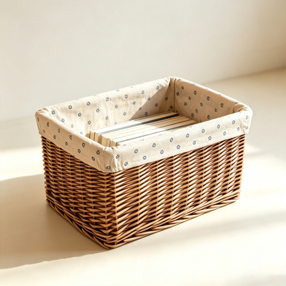 Pastoral Floral-Lined Rattan Storage Basket