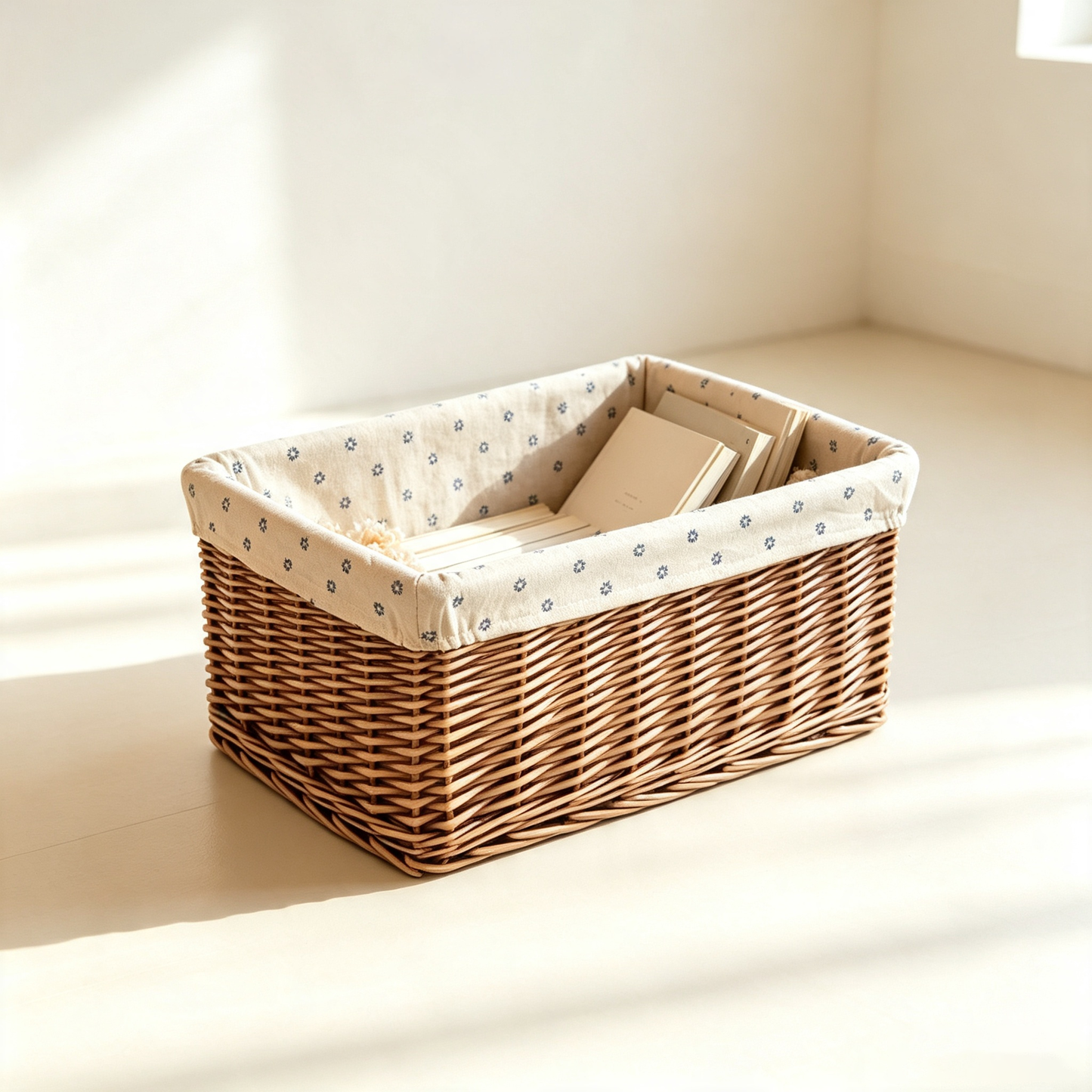Pastoral Floral-Lined Rattan Storage Basket