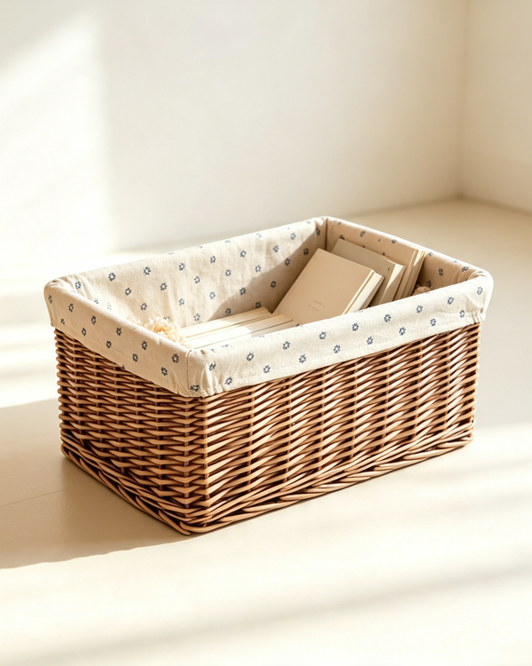 Pastoral Floral-Lined Rattan Storage Basket