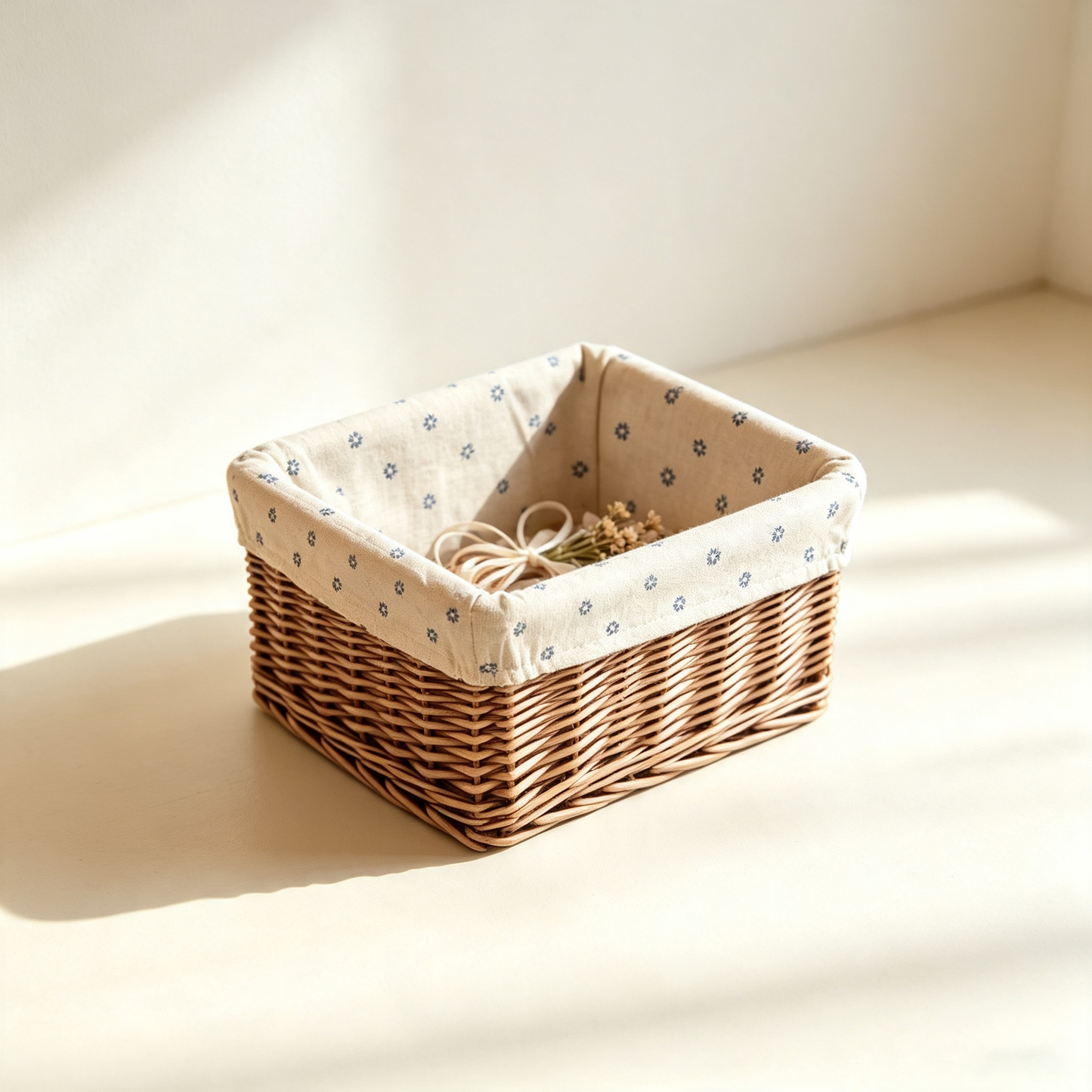 Pastoral Floral-Lined Rattan Storage Basket