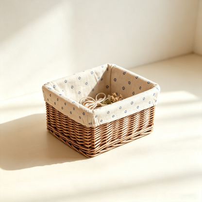 Pastoral Floral-Lined Rattan Storage Basket