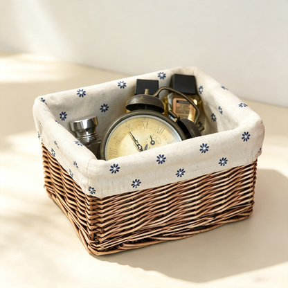 Pastoral Floral-Lined Rattan Storage Basket