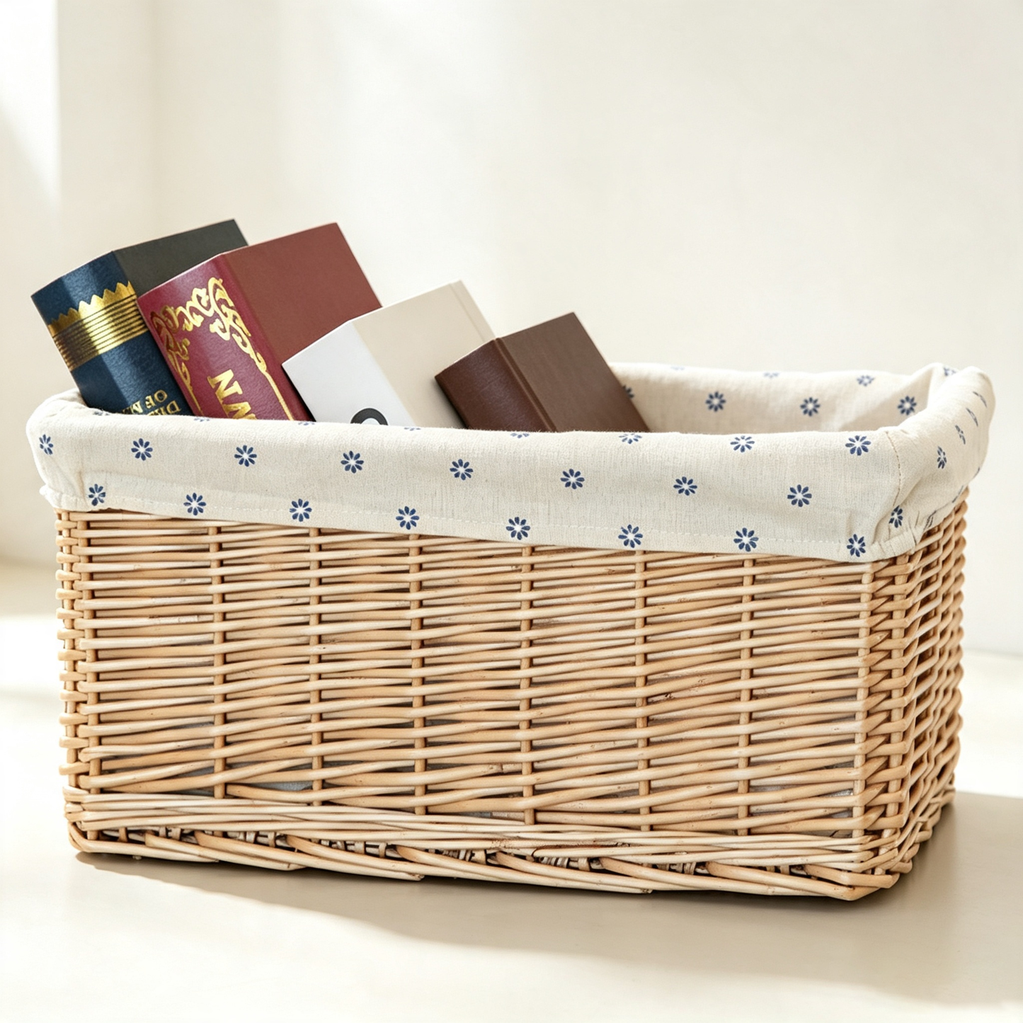 Pastoral Floral-Lined Rattan Storage Basket