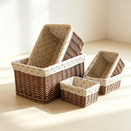 Pastoral Floral-Lined Rattan Storage Basket
